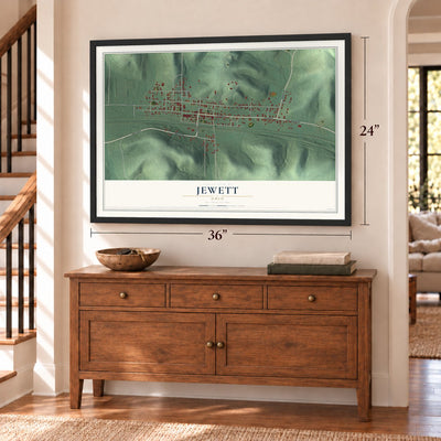 Jewett, Ohio map, 24 x 36 inch print in a black frame above a dresser by a staircase