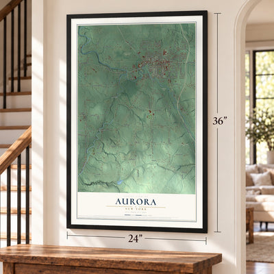 Aurora, New York map, 24 x 36 inch print in a black frame by a staircase