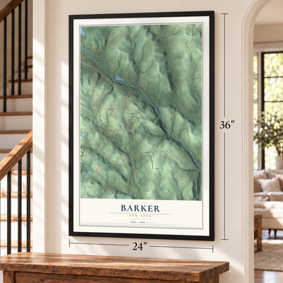 Barker, New York map, 24 x 36 inch print in a black frame by a staircase