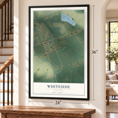Whiteside, Missouri map, 24 x 36 inch print in a black frame by a staircase