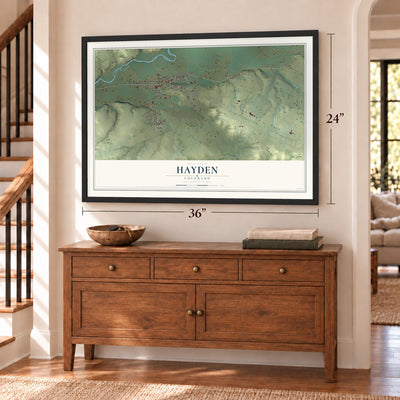 Hayden, Colorado map, 24 x 36 inch print in a black frame above a dresser by a staircase