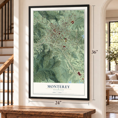 Monterey, Tennessee map, 24 x 36 inch print in a black frame by a staircase