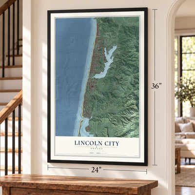 Lincoln City, Oregon map, 24 x 36 inch print in a black frame by a staircase
