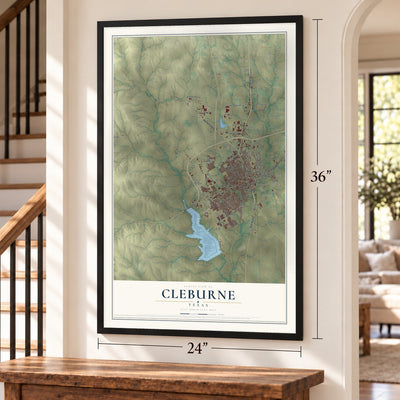 Cleburne, Texas map, 24 x 36 inch print in a black frame by a staircase