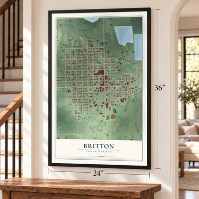 Britton, South Dakota map, 24 x 36 inch print in a black frame by a staircase