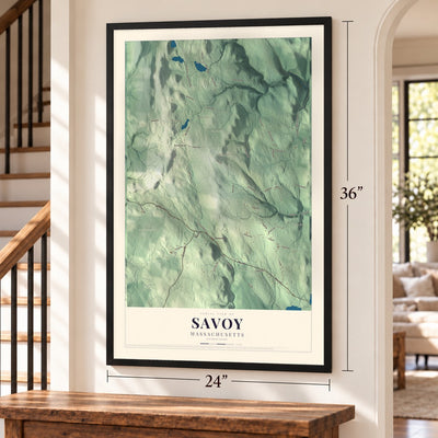 Savoy, Massachusetts map, 24 x 36 inch print in a black frame by a staircase