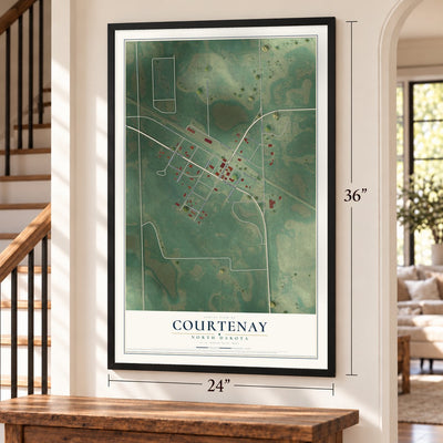 Courtenay, North Dakota map, 24 x 36 inch print in a black frame by a staircase