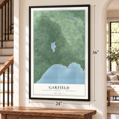 Garfield, Mackinac County, Michigan map, 24 x 36 inch print in a black frame by a staircase