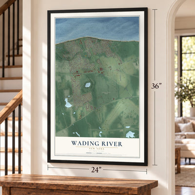 Wading River, New York map, 24 x 36 inch print in a black frame by a staircase