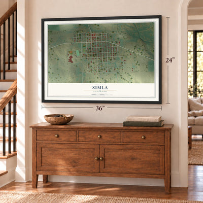 Simla, Colorado map, 24 x 36 inch print in a black frame above a dresser by a staircase