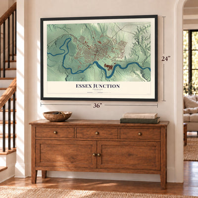 Essex Junction, Vermont map, 24 x 36 inch print in a black frame above a dresser by a staircase