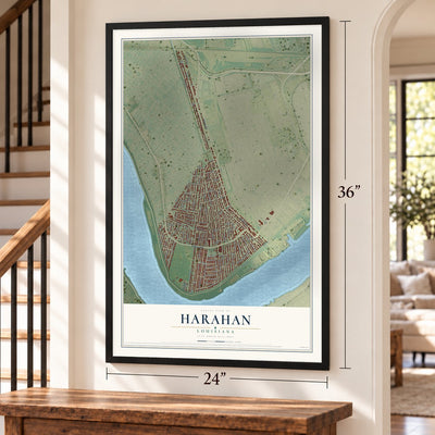 Harahan, Louisiana map, 24 x 36 inch print in a black frame by a staircase