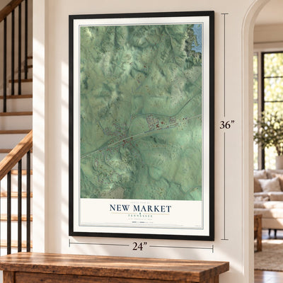 New Market, Tennessee map, 24 x 36 inch print in a black frame by a staircase