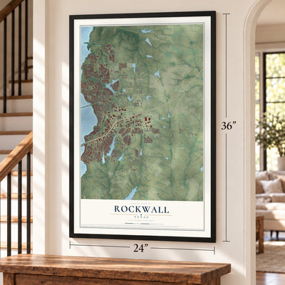 Rockwall, Texas map, 24 x 36 inch print in a black frame by a staircase