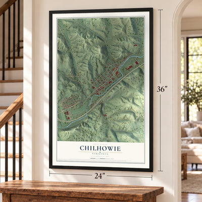 Chilhowie, Virginia map, 24 x 36 inch print in a black frame by a staircase