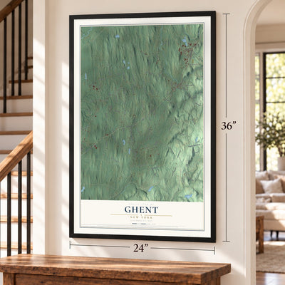 Ghent, New York map, 24 x 36 inch print in a black frame by a staircase