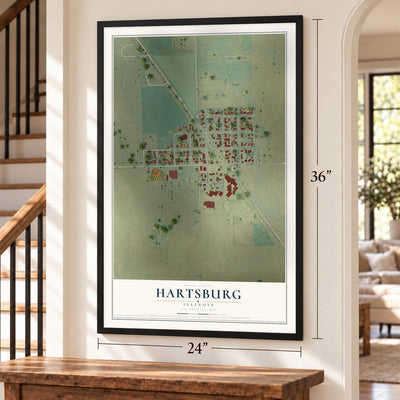 Hartsburg, Illinois map, 24 x 36 inch print in a black frame by a staircase