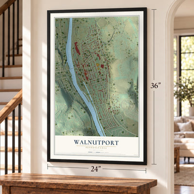 Walnutport, Pennsylvania map, 24 x 36 inch print in a black frame by a staircase