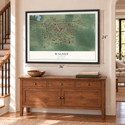 Walnut, Illinois map, 24 x 36 inch print in a black frame above a dresser by a staircase