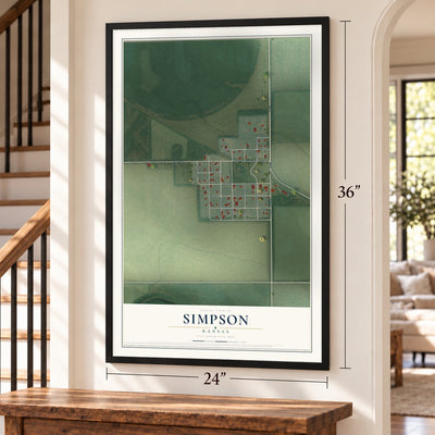 Simpson, Kansas map, 24 x 36 inch print in a black frame by a staircase