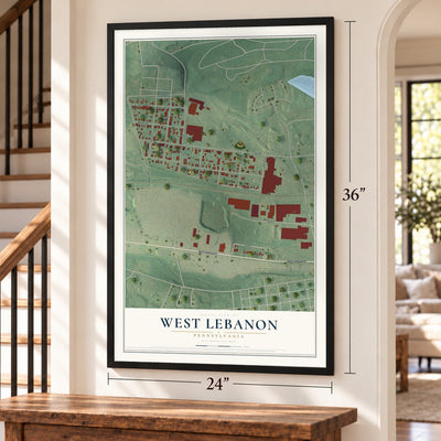 West Lebanon, Pennsylvania map, 24 x 36 inch print in a black frame by a staircase