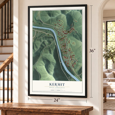 Kermit, West Virginia map, 24 x 36 inch print in a black frame by a staircase
