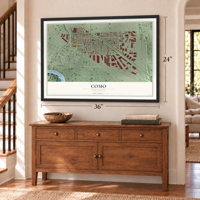 Como, Minnesota map, 24 x 36 inch print in a black frame above a dresser by a staircase
