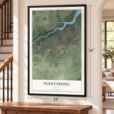 Perrysburg, Ohio map, 24 x 36 inch print in a black frame by a staircase