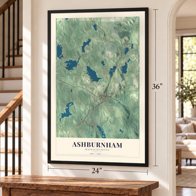 Ashburnham, Massachusetts map, 24 x 36 inch print in a black frame by a staircase