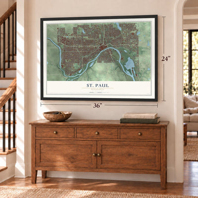 St. Paul, Minnesota map, 24 x 36 inch print in a black frame above a dresser by a staircase