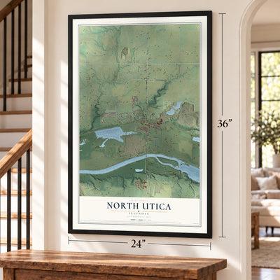 North Utica, Illinois map, 24 x 36 inch print in a black frame by a staircase