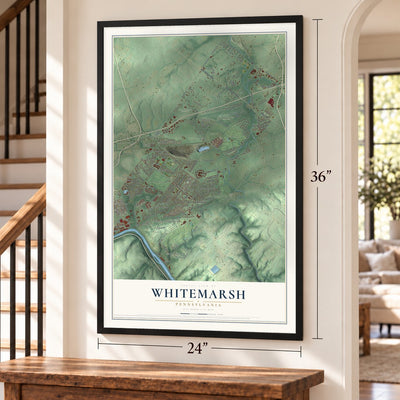 Whitemarsh, Pennsylvania map, 24 x 36 inch print in a black frame by a staircase