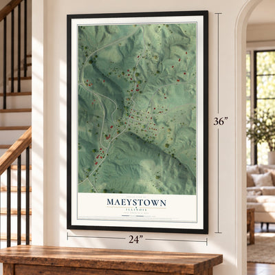 Maeystown, Illinois map, 24 x 36 inch print in a black frame by a staircase