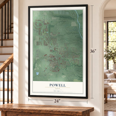 Powell, Ohio map, 24 x 36 inch print in a black frame by a staircase