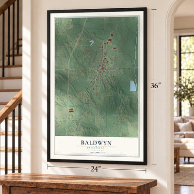 Baldwyn, Mississippi map, 24 x 36 inch print in a black frame by a staircase