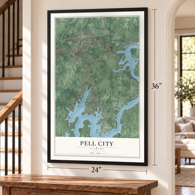 Pell City, Alabama map, 24 x 36 inch print in a black frame by a staircase