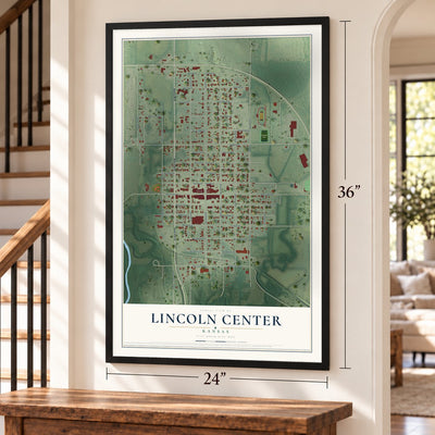 Lincoln Center, Kansas map, 24 x 36 inch print in a black frame by a staircase
