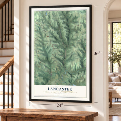 Lancaster, Butler County, Pennsylvania map, 24 x 36 inch print in a black frame by a staircase