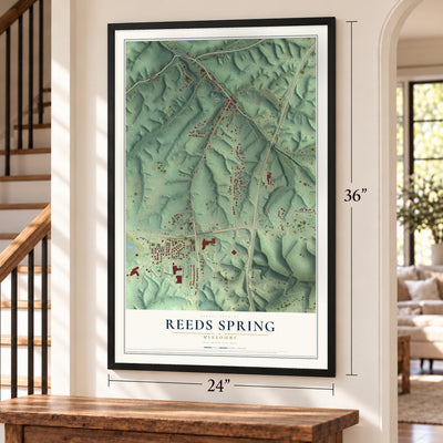 Reeds Spring, Missouri map, 24 x 36 inch print in a black frame by a staircase