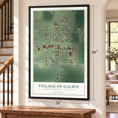 Galien, Michigan map, 24 x 36 inch print in a black frame by a staircase