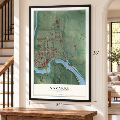 Navarre, Ohio map, 24 x 36 inch print in a black frame by a staircase