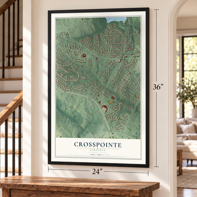 Crosspointe, Virginia map, 24 x 36 inch print in a black frame by a staircase
