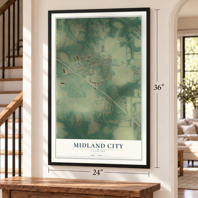 Midland City, Alabama map, 24 x 36 inch print in a black frame by a staircase