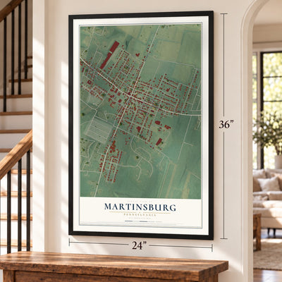 Martinsburg, Pennsylvania map, 24 x 36 inch print in a black frame by a staircase