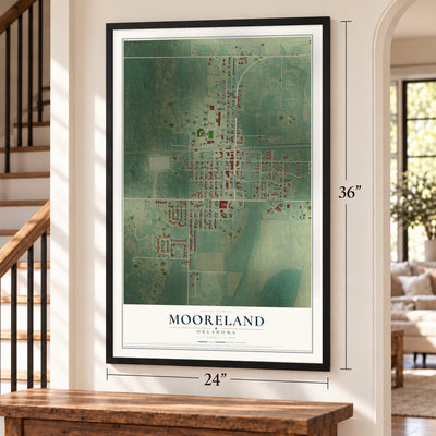 Mooreland, Oklahoma map, 24 x 36 inch print in a black frame by a staircase