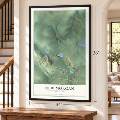 New Morgan, Pennsylvania map, 24 x 36 inch print in a black frame by a staircase