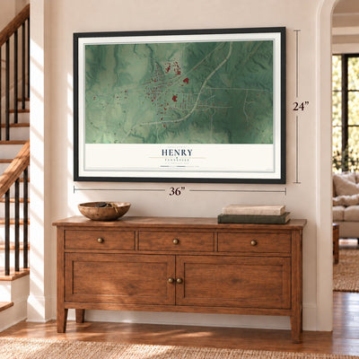 Henry, Tennessee map, 24 x 36 inch print in a black frame above a dresser by a staircase