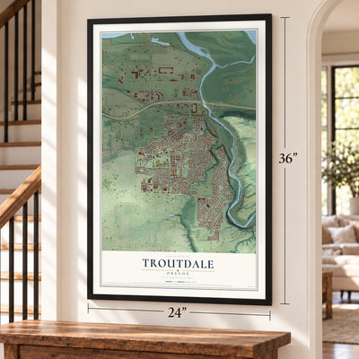 Troutdale, Oregon map, 24 x 36 inch print in a black frame by a staircase