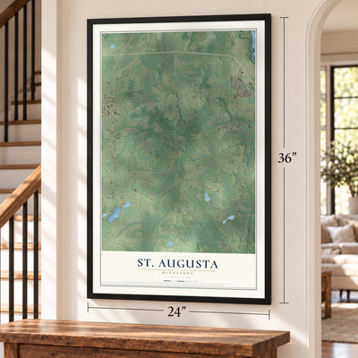 St. Augusta, Minnesota map, 24 x 36 inch print in a black frame by a staircase