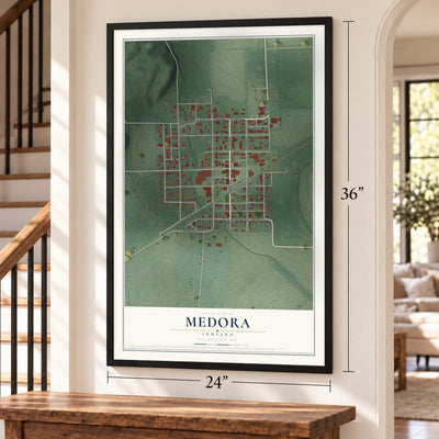 Medora, Indiana map, 24 x 36 inch print in a black frame by a staircase